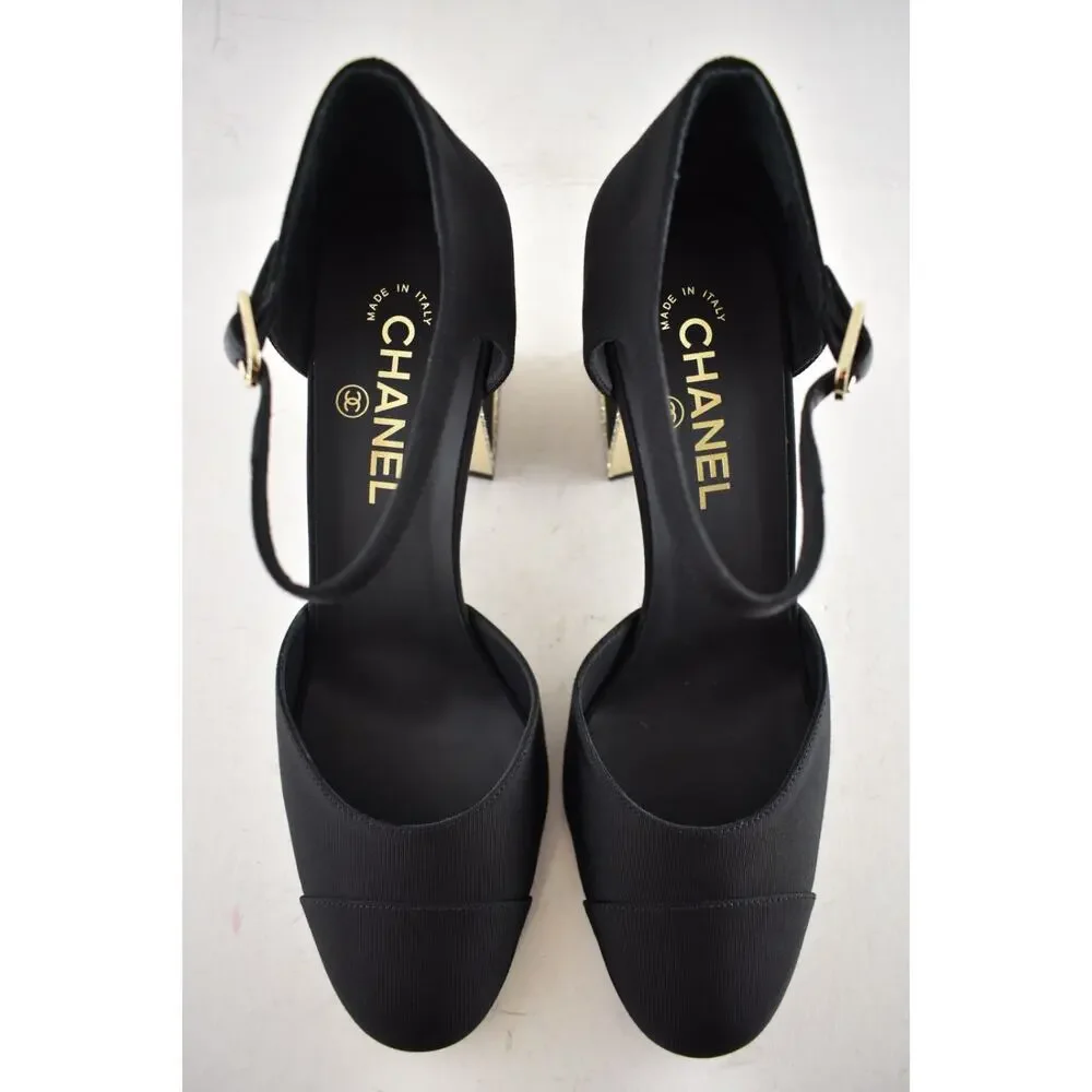 Chanel 24B Black Crystal CC Logo Gold Mary Jane Ankle Strap Block Heel Pumps 40 - Picture 13 of 16